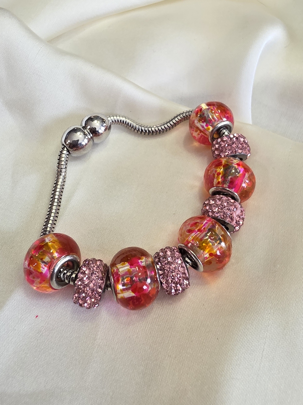 Murano Millefiore Glass, Simulated Pink Sapphire Silvertone Bracelet